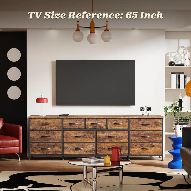 Alt view image 2 of 7 - 70 Inch Long Dresser for Bedroom, TV Stand for 65 75 80 Inch TV, 13 Large Fabric Drawers, Rustic Brown Entertainment Center with Storage, Wide Chest of Drawers