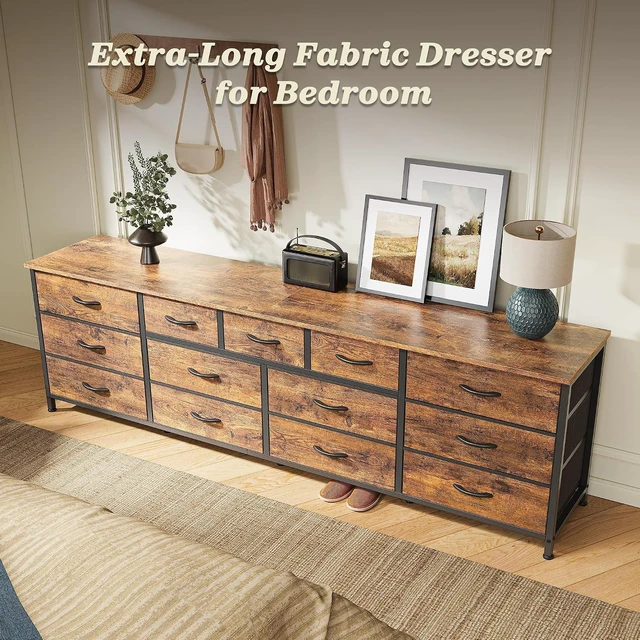Alt view image 5 of 7 - 70 Inch Long Dresser for Bedroom, TV Stand for 65 75 80 Inch TV, 13 Large Fabric Drawers, Rustic Brown Entertainment Center with Storage, Wide Chest of Drawers