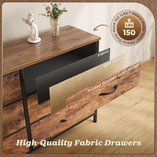 Alt view image 6 of 7 - 70 Inch Long Dresser for Bedroom, TV Stand for 65 75 80 Inch TV, 13 Large Fabric Drawers, Rustic Brown Entertainment Center with Storage, Wide Chest of Drawers