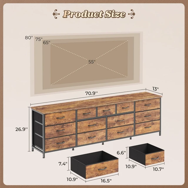Alt view image 3 of 7 - 70 Inch Long Dresser for Bedroom, TV Stand for 65 75 80 Inch TV, 13 Large Fabric Drawers, Rustic Brown Entertainment Center with Storage, Wide Chest of Drawers