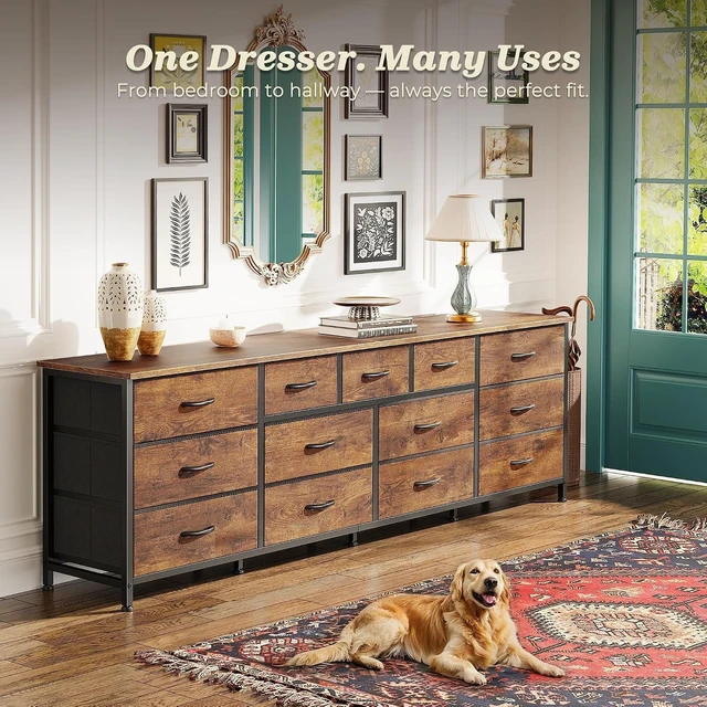 Alt view image 7 of 7 - 70 Inch Long Dresser for Bedroom, TV Stand for 65 75 80 Inch TV, 13 Large Fabric Drawers, Rustic Brown Entertainment Center with Storage, Wide Chest of Drawers