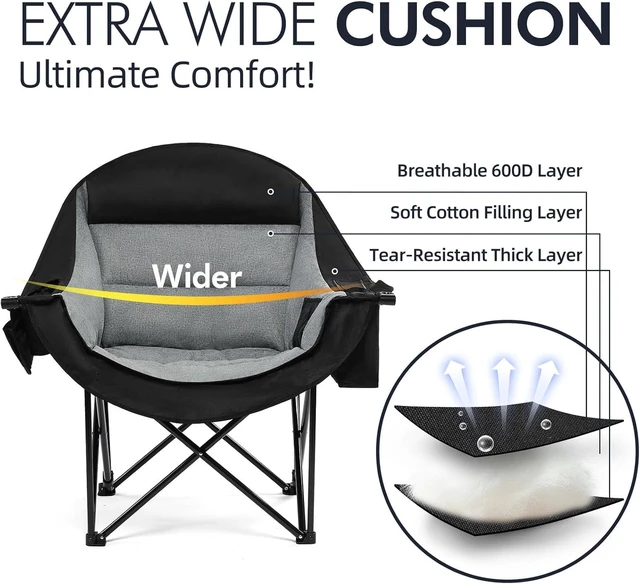 Alt view image 3 of 6 - Oversized Padded Folding Camping Chair for Adults HeavyDuty Outdoor Lawn Chair with Cup Holder Cooler Pocket Portable Beach Fishing Seat Supports 500lbs Black
