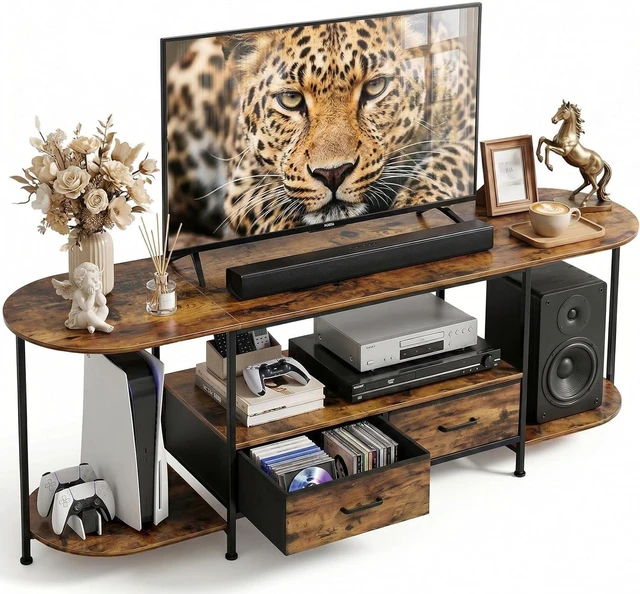 Main image of 63 Inch Modern TV Stand, Curved Edge Entertainment Center with 2 Fabric Storage Drawers, Media Console Table for TVs Up to 75 Inches, Rustic Brown Wood Furniture for Living Room Bedroom