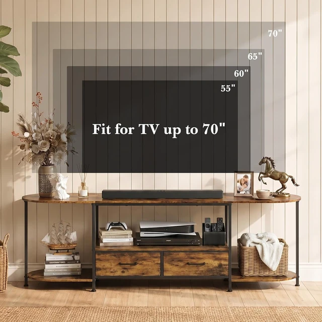 Alt view image 2 of 7 - 63 Inch Modern TV Stand, Curved Edge Entertainment Center with 2 Fabric Storage Drawers, Media Console Table for TVs Up to 75 Inches, Rustic Brown Wood Furniture for Living Room Bedroom