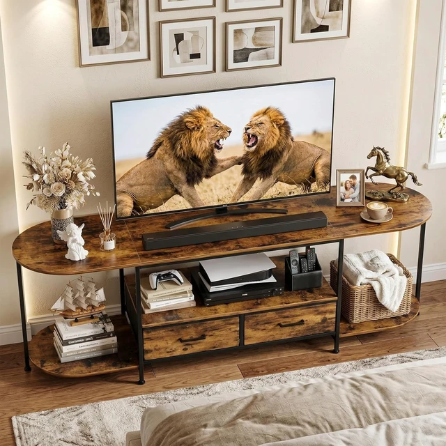 Alt view image 3 of 7 - 63 Inch Modern TV Stand, Curved Edge Entertainment Center with 2 Fabric Storage Drawers, Media Console Table for TVs Up to 75 Inches, Rustic Brown Wood Furniture for Living Room Bedroom