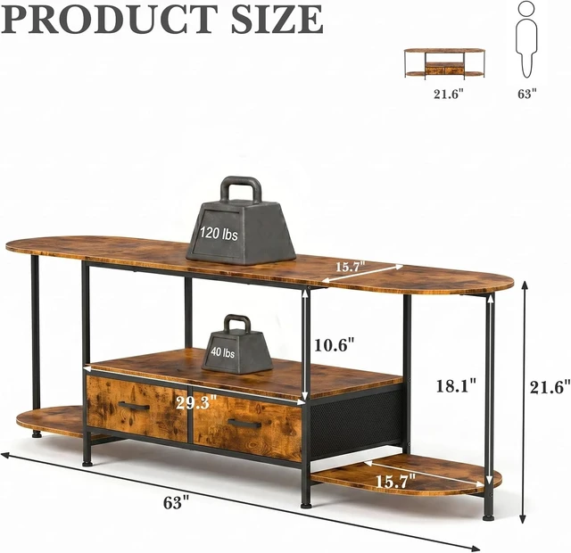 Alt view image 4 of 7 - 63 Inch Modern TV Stand, Curved Edge Entertainment Center with 2 Fabric Storage Drawers, Media Console Table for TVs Up to 75 Inches, Rustic Brown Wood Furniture for Living Room Bedroom