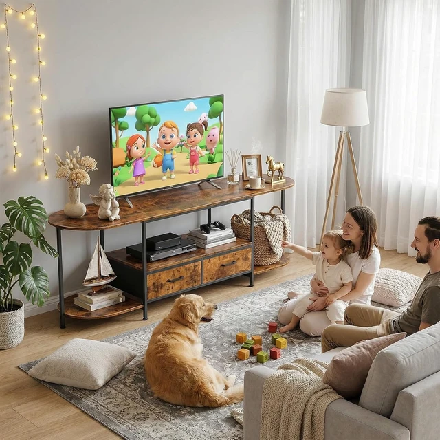 Alt view image 5 of 7 - 63 Inch Modern TV Stand, Curved Edge Entertainment Center with 2 Fabric Storage Drawers, Media Console Table for TVs Up to 75 Inches, Rustic Brown Wood Furniture for Living Room Bedroom