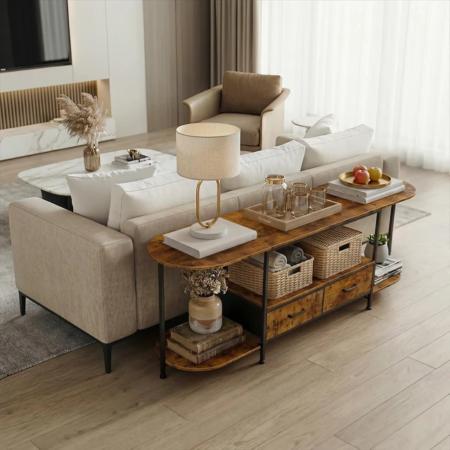 Alt view image 6 of 7 - 63 Inch Modern TV Stand, Curved Edge Entertainment Center with 2 Fabric Storage Drawers, Media Console Table for TVs Up to 75 Inches, Rustic Brown Wood Furniture for Living Room Bedroom