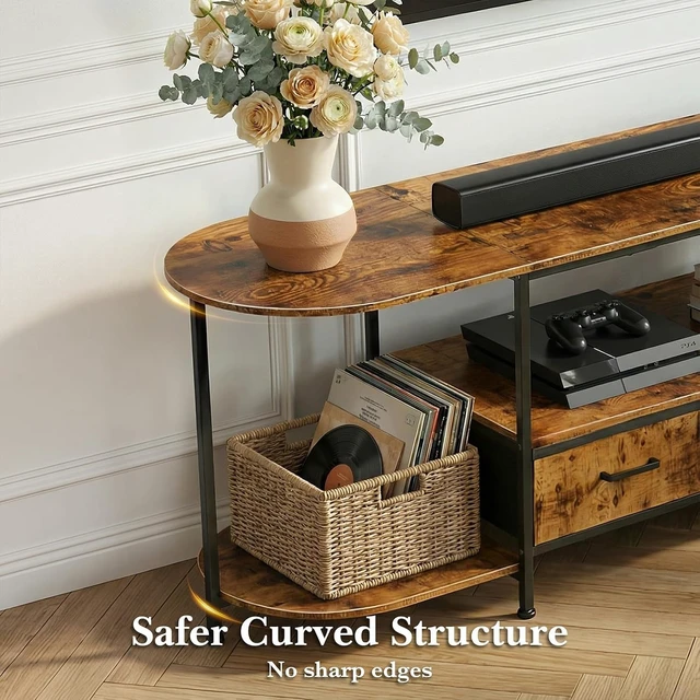 Alt view image 7 of 7 - 63 Inch Modern TV Stand, Curved Edge Entertainment Center with 2 Fabric Storage Drawers, Media Console Table for TVs Up to 75 Inches, Rustic Brown Wood Furniture for Living Room Bedroom