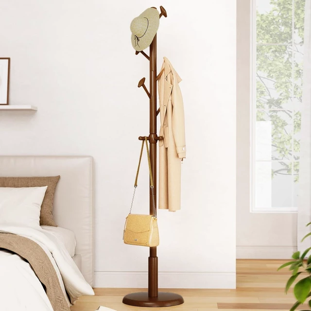 Main image of Solid Rubberwood Freestanding Coat Rack Stand, Hall Tree with 10 Hooks, 3 Adjustable Height Settings, SpaceSaving Garment Organizer for Coats Hats Handbags Scarves, for Entryway Office Bedroom