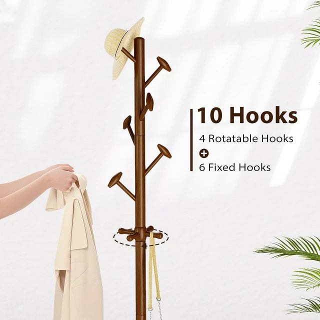 Alt view image 2 of 7 - Solid Rubberwood Freestanding Coat Rack Stand, Hall Tree with 10 Hooks, 3 Adjustable Height Settings, SpaceSaving Garment Organizer for Coats Hats Handbags Scarves, for Entryway Office Bedroom