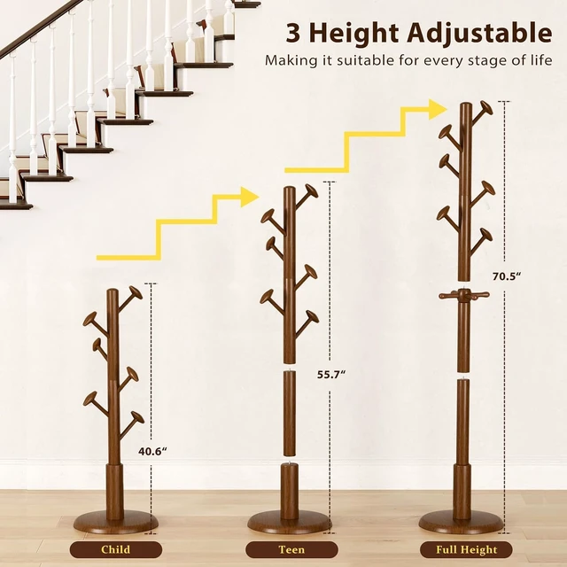 Alt view image 3 of 7 - Solid Rubberwood Freestanding Coat Rack Stand, Hall Tree with 10 Hooks, 3 Adjustable Height Settings, SpaceSaving Garment Organizer for Coats Hats Handbags Scarves, for Entryway Office Bedroom