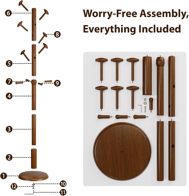 Alt view image 4 of 7 - Solid Rubberwood Freestanding Coat Rack Stand, Hall Tree with 10 Hooks, 3 Adjustable Height Settings, SpaceSaving Garment Organizer for Coats Hats Handbags Scarves, for Entryway Office Bedroom