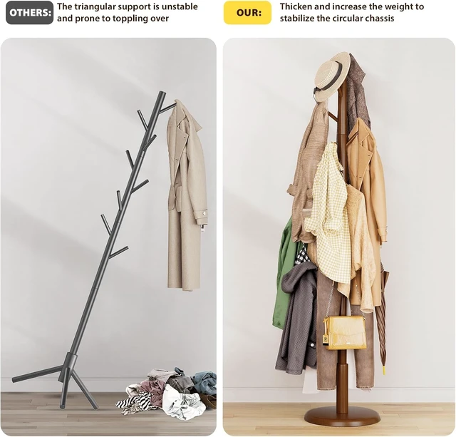 Alt view image 5 of 7 - Solid Rubberwood Freestanding Coat Rack Stand, Hall Tree with 10 Hooks, 3 Adjustable Height Settings, SpaceSaving Garment Organizer for Coats Hats Handbags Scarves, for Entryway Office Bedroom