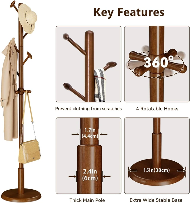 Alt view image 6 of 7 - Solid Rubberwood Freestanding Coat Rack Stand, Hall Tree with 10 Hooks, 3 Adjustable Height Settings, SpaceSaving Garment Organizer for Coats Hats Handbags Scarves, for Entryway Office Bedroom