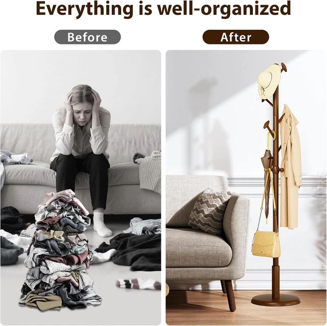 Alt view image 7 of 7 - Solid Rubberwood Freestanding Coat Rack Stand, Hall Tree with 10 Hooks, 3 Adjustable Height Settings, SpaceSaving Garment Organizer for Coats Hats Handbags Scarves, for Entryway Office Bedroom