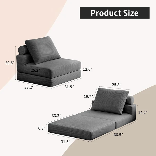 Alt view image 2 of 7 - 3-in-1 Folding Sofa Bed Foldable Floor Couch with High Density Foam and Pillows, Convertible Sleeper Chair Single Futon Sofa for Living Room Bedroom Lounge, Gray