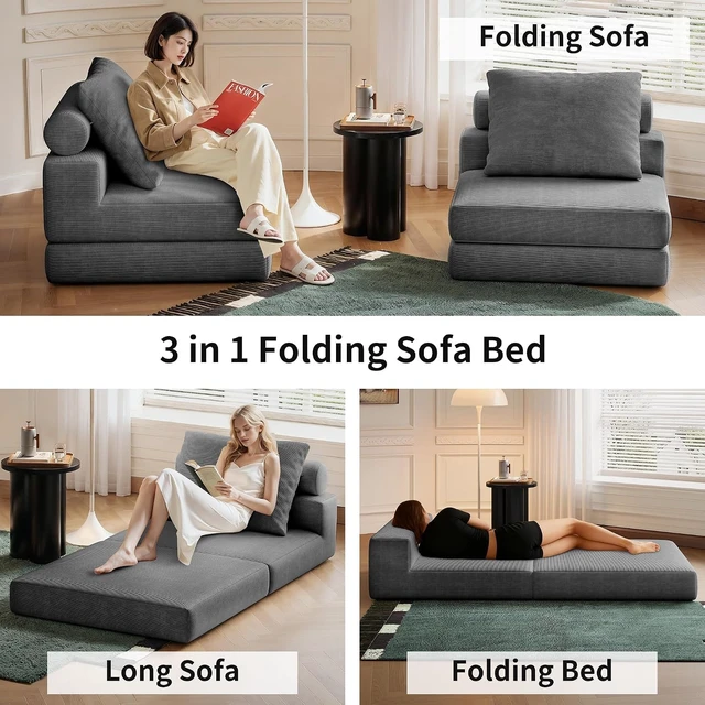 Alt view image 3 of 7 - 3-in-1 Folding Sofa Bed Foldable Floor Couch with High Density Foam and Pillows, Convertible Sleeper Chair Single Futon Sofa for Living Room Bedroom Lounge, Gray