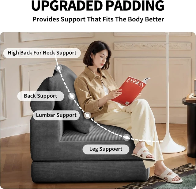 Alt view image 4 of 7 - 3-in-1 Folding Sofa Bed Foldable Floor Couch with High Density Foam and Pillows, Convertible Sleeper Chair Single Futon Sofa for Living Room Bedroom Lounge, Gray