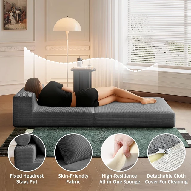 Alt view image 5 of 7 - 3-in-1 Folding Sofa Bed Foldable Floor Couch with High Density Foam and Pillows, Convertible Sleeper Chair Single Futon Sofa for Living Room Bedroom Lounge, Gray