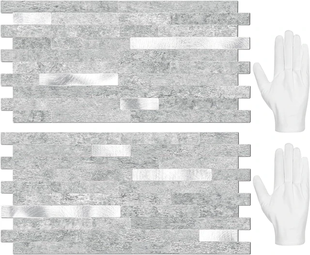 Main image of 20 Sheets Grey Marble Look Peel and Stick Backsplash Tiles, PVC Mixed Metal Silver Self Adhesive Wall Tiles, Waterproof Heat Resistant StickOn Wall Panels for Kitchen Bathroom Fireplace