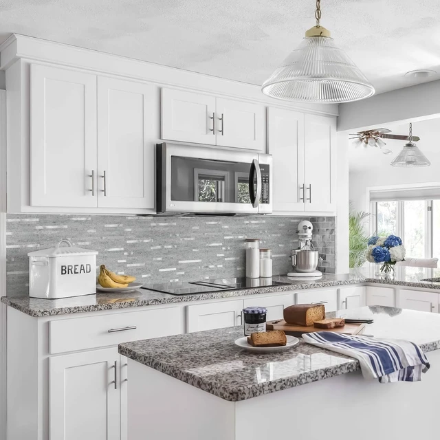 Alt view image 2 of 5 - 20 Sheets Grey Marble Look Peel and Stick Backsplash Tiles, PVC Mixed Metal Silver Self Adhesive Wall Tiles, Waterproof Heat Resistant StickOn Wall Panels for Kitchen Bathroom Fireplace