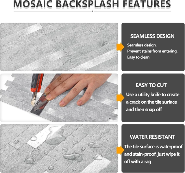 Alt view image 3 of 5 - 20 Sheets Grey Marble Look Peel and Stick Backsplash Tiles, PVC Mixed Metal Silver Self Adhesive Wall Tiles, Waterproof Heat Resistant StickOn Wall Panels for Kitchen Bathroom Fireplace