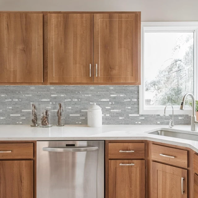 Alt view image 4 of 5 - 20 Sheets Grey Marble Look Peel and Stick Backsplash Tiles, PVC Mixed Metal Silver Self Adhesive Wall Tiles, Waterproof Heat Resistant StickOn Wall Panels for Kitchen Bathroom Fireplace