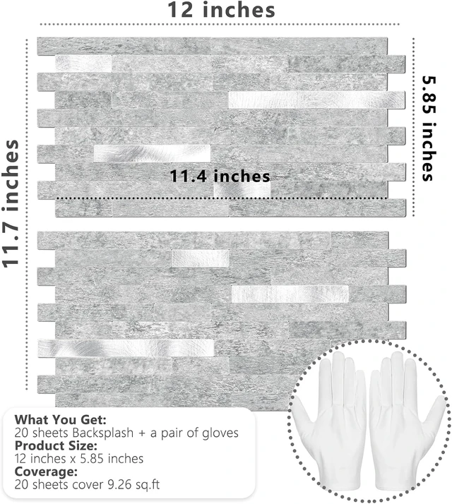 Alt view image 5 of 5 - 20 Sheets Grey Marble Look Peel and Stick Backsplash Tiles, PVC Mixed Metal Silver Self Adhesive Wall Tiles, Waterproof Heat Resistant StickOn Wall Panels for Kitchen Bathroom Fireplace