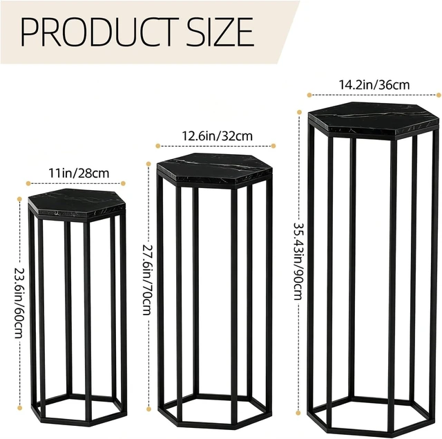 Alt view image 3 of 7 - Set of 3 Black Hexagon Metal Cylinder Pedestal Stands with MarblePattern Wooden Tops Stackable Display Holders for Wedding Birthday Party Decorations