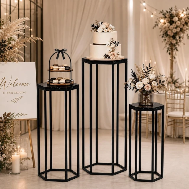 Alt view image 2 of 7 - Set of 3 Black Hexagon Metal Cylinder Pedestal Stands with MarblePattern Wooden Tops Stackable Display Holders for Wedding Birthday Party Decorations