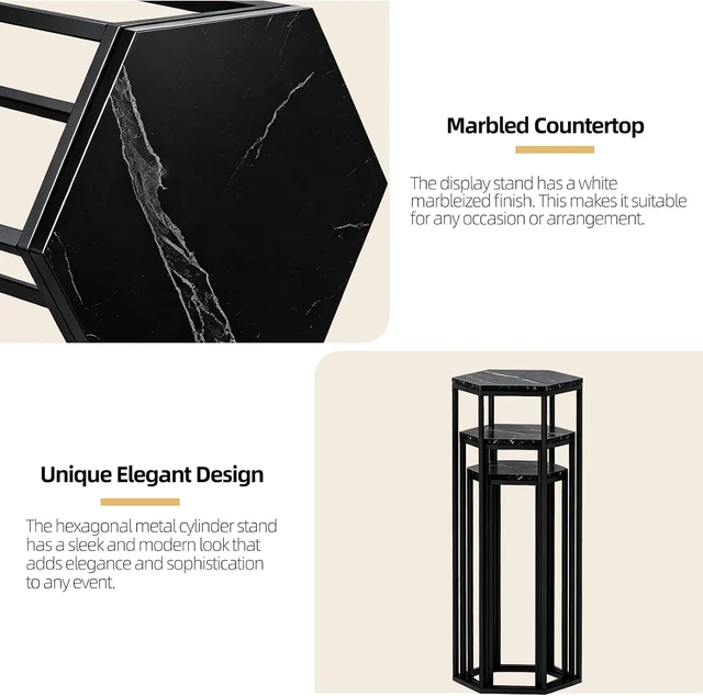 Alt view image 4 of 7 - Set of 3 Black Hexagon Metal Cylinder Pedestal Stands with MarblePattern Wooden Tops Stackable Display Holders for Wedding Birthday Party Decorations