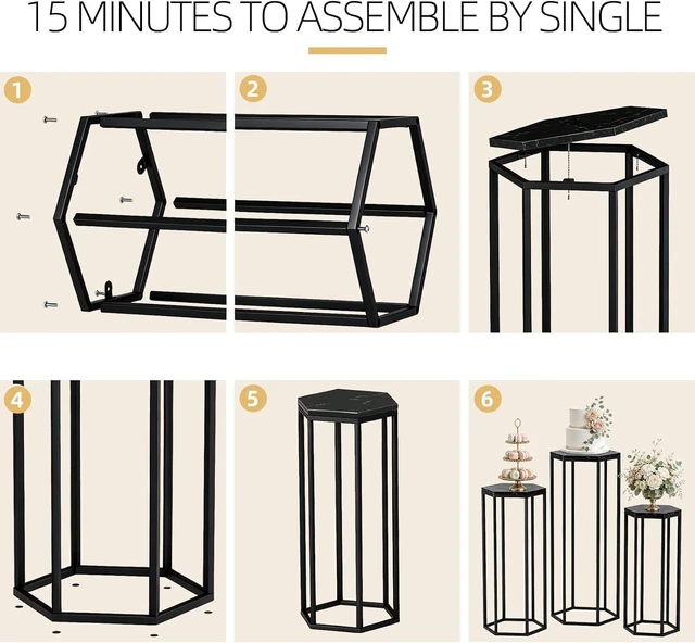 Alt view image 5 of 7 - Set of 3 Black Hexagon Metal Cylinder Pedestal Stands with MarblePattern Wooden Tops Stackable Display Holders for Wedding Birthday Party Decorations
