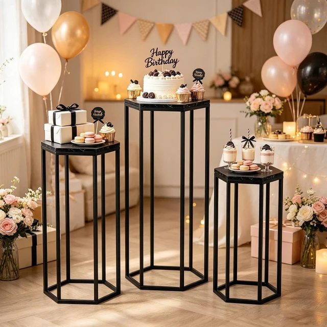 Alt view image 6 of 7 - Set of 3 Black Hexagon Metal Cylinder Pedestal Stands with MarblePattern Wooden Tops Stackable Display Holders for Wedding Birthday Party Decorations