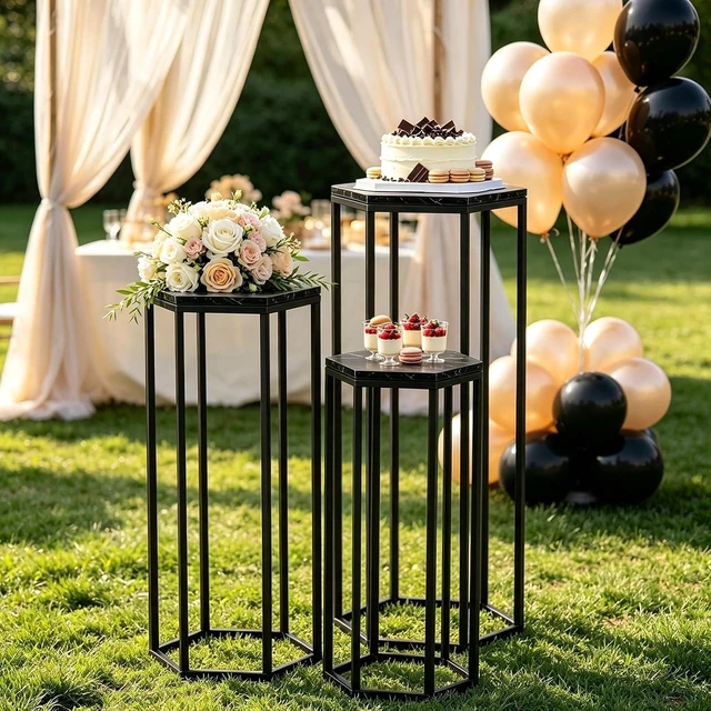 Alt view image 7 of 7 - Set of 3 Black Hexagon Metal Cylinder Pedestal Stands with MarblePattern Wooden Tops Stackable Display Holders for Wedding Birthday Party Decorations