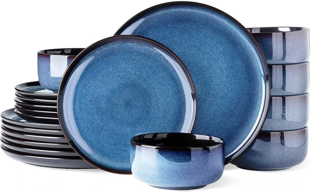 Main image of 18-Piece Blue Reactive Glaze Ceramic Dinnerware Set for 6 People, Porcelain Plates and Bowls Combo Set, Oven Microwave Dishwasher Safe, Scratch Resistant Tableware for Home Dining