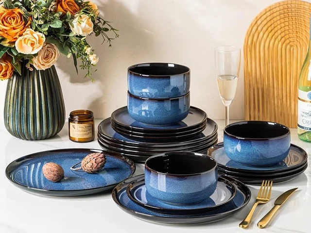 Alt view image 2 of 7 - 18-Piece Blue Reactive Glaze Ceramic Dinnerware Set for 6 People, Porcelain Plates and Bowls Combo Set, Oven Microwave Dishwasher Safe, Scratch Resistant Tableware for Home Dining
