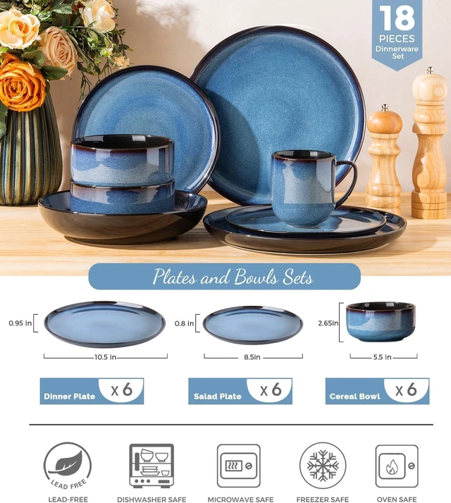 Alt view image 3 of 7 - 18-Piece Blue Reactive Glaze Ceramic Dinnerware Set for 6 People, Porcelain Plates and Bowls Combo Set, Oven Microwave Dishwasher Safe, Scratch Resistant Tableware for Home Dining