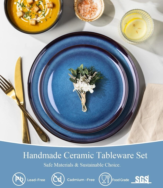 Alt view image 4 of 7 - 18-Piece Blue Reactive Glaze Ceramic Dinnerware Set for 6 People, Porcelain Plates and Bowls Combo Set, Oven Microwave Dishwasher Safe, Scratch Resistant Tableware for Home Dining