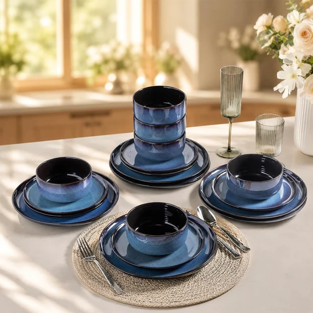 Alt view image 5 of 7 - 18-Piece Blue Reactive Glaze Ceramic Dinnerware Set for 6 People, Porcelain Plates and Bowls Combo Set, Oven Microwave Dishwasher Safe, Scratch Resistant Tableware for Home Dining