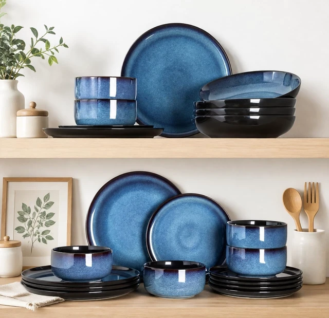 Alt view image 6 of 7 - 18-Piece Blue Reactive Glaze Ceramic Dinnerware Set for 6 People, Porcelain Plates and Bowls Combo Set, Oven Microwave Dishwasher Safe, Scratch Resistant Tableware for Home Dining
