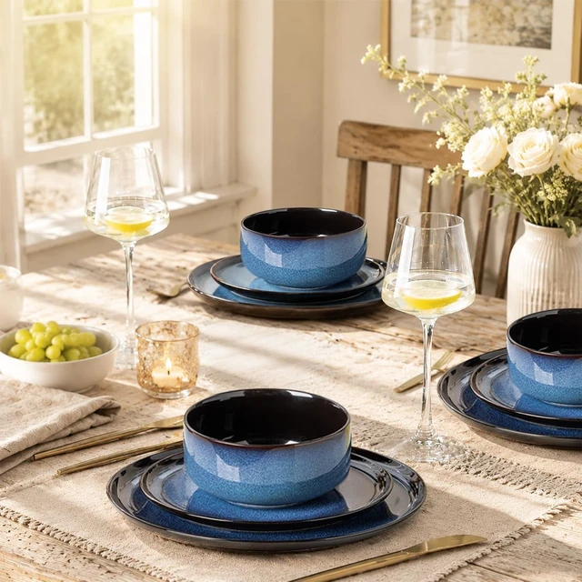 Alt view image 7 of 7 - 18-Piece Blue Reactive Glaze Ceramic Dinnerware Set for 6 People, Porcelain Plates and Bowls Combo Set, Oven Microwave Dishwasher Safe, Scratch Resistant Tableware for Home Dining