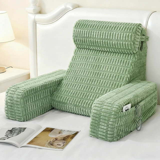 Main image of Reading Pillow for Bed Sitting Up with Large Pockets,Modern Style | 19" Supportive Backrest Cushion for Reading,Nursing,Resting,or Reclining,Stable Armrests & Washable Cover Sage Green
