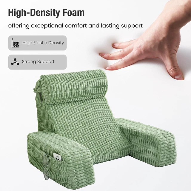 Alt view image 2 of 7 - Reading Pillow for Bed Sitting Up with Large Pockets,Modern Style | 19" Supportive Backrest Cushion for Reading,Nursing,Resting,or Reclining,Stable Armrests & Washable Cover Sage Green