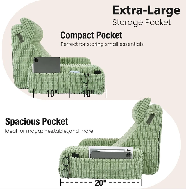 Alt view image 3 of 7 - Reading Pillow for Bed Sitting Up with Large Pockets,Modern Style | 19" Supportive Backrest Cushion for Reading,Nursing,Resting,or Reclining,Stable Armrests & Washable Cover Sage Green
