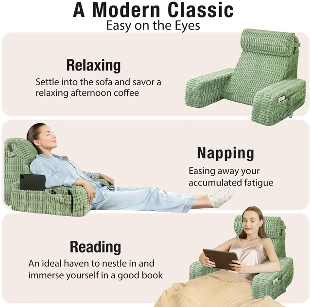 Alt view image 4 of 7 - Reading Pillow for Bed Sitting Up with Large Pockets,Modern Style | 19" Supportive Backrest Cushion for Reading,Nursing,Resting,or Reclining,Stable Armrests & Washable Cover Sage Green
