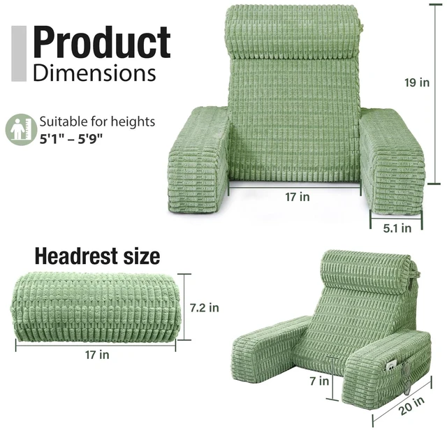 Alt view image 5 of 7 - Reading Pillow for Bed Sitting Up with Large Pockets,Modern Style | 19" Supportive Backrest Cushion for Reading,Nursing,Resting,or Reclining,Stable Armrests & Washable Cover Sage Green