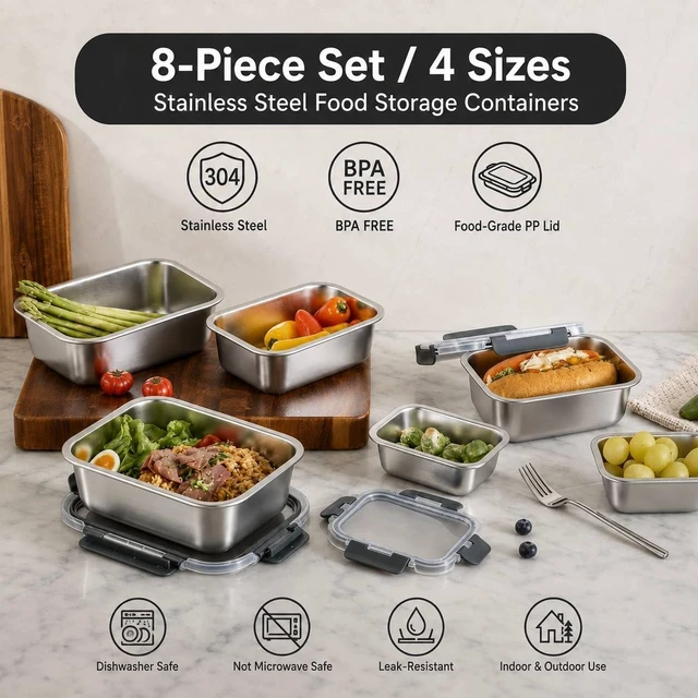 Alt view image 2 of 7 - 8 PCS Stainless Steel Lunch Box 4-Size Food Storage Containers with Lids | (58 /41 /24 /14Oz) Stackable Metal Boxes BPA Free Dishwasher Safe,Leakproof Reusable Meal Storage for Work,Travel (Gray)