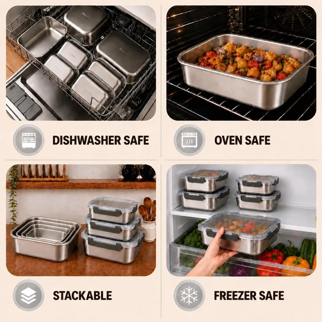 Alt view image 3 of 7 - 8 PCS Stainless Steel Lunch Box 4-Size Food Storage Containers with Lids | (58 /41 /24 /14Oz) Stackable Metal Boxes BPA Free Dishwasher Safe,Leakproof Reusable Meal Storage for Work,Travel (Gray)