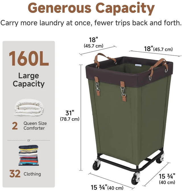 Alt view image 3 of 7 - 160L Laundry Basket with Wheels, Rolling Hampers for Clothing | Green Laundry Basket with Wheels, Metal Frame & Handles, Rolling Hamper for Bedroom, Bathroom, Dorm, Hotel